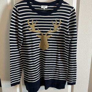 Crown & Ivy Navy and White Striped Sweater with Gold Stag